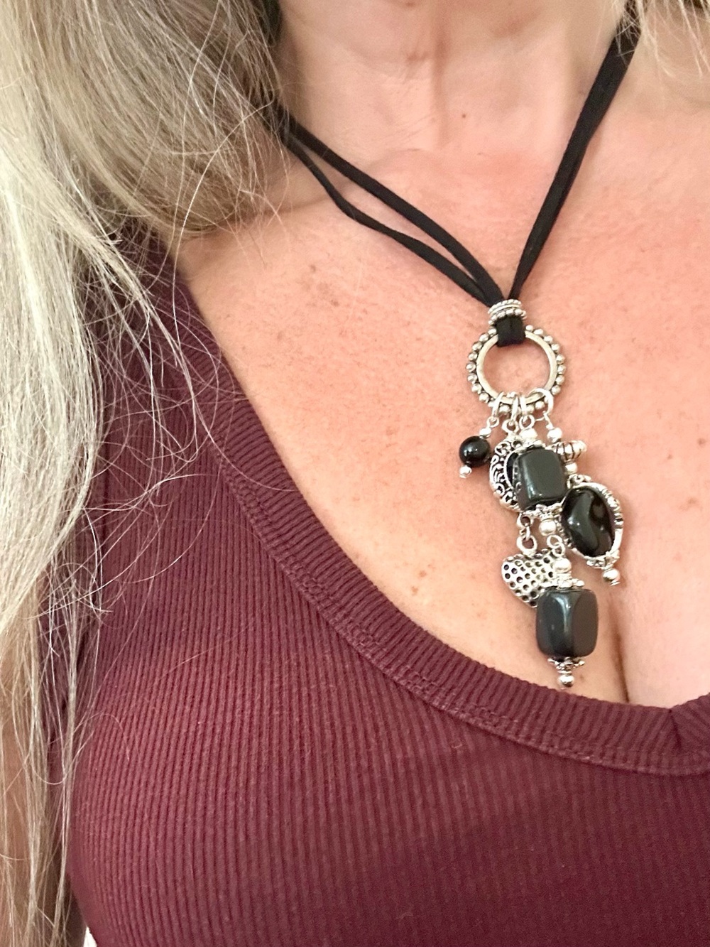 Black Beaded Pendant Necklace with Silver Accents